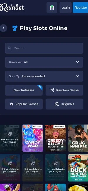 Rainbet mobile Web-Version